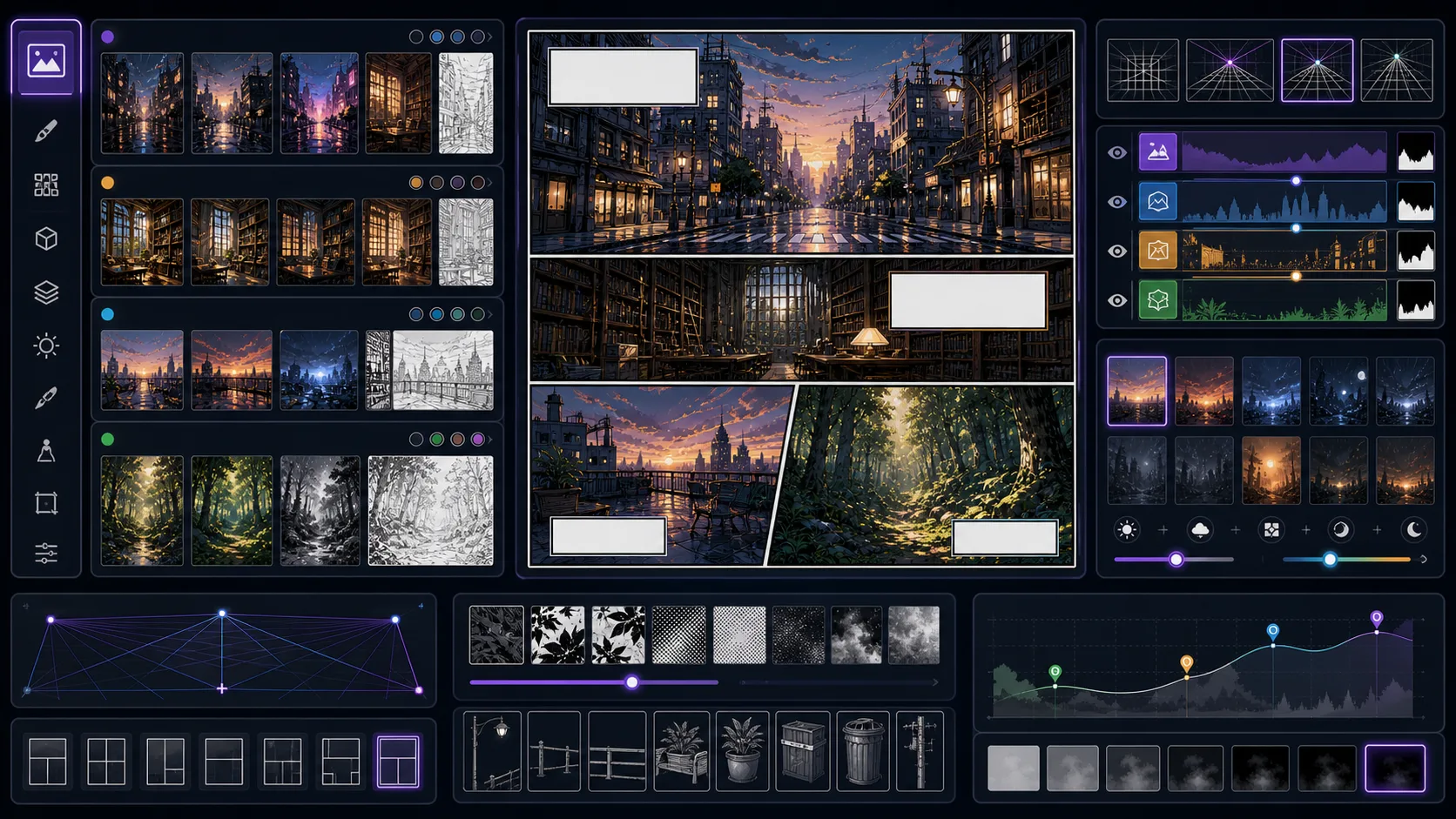Comic Background Generator workspace with environment thumbnails perspective grids and depth layers