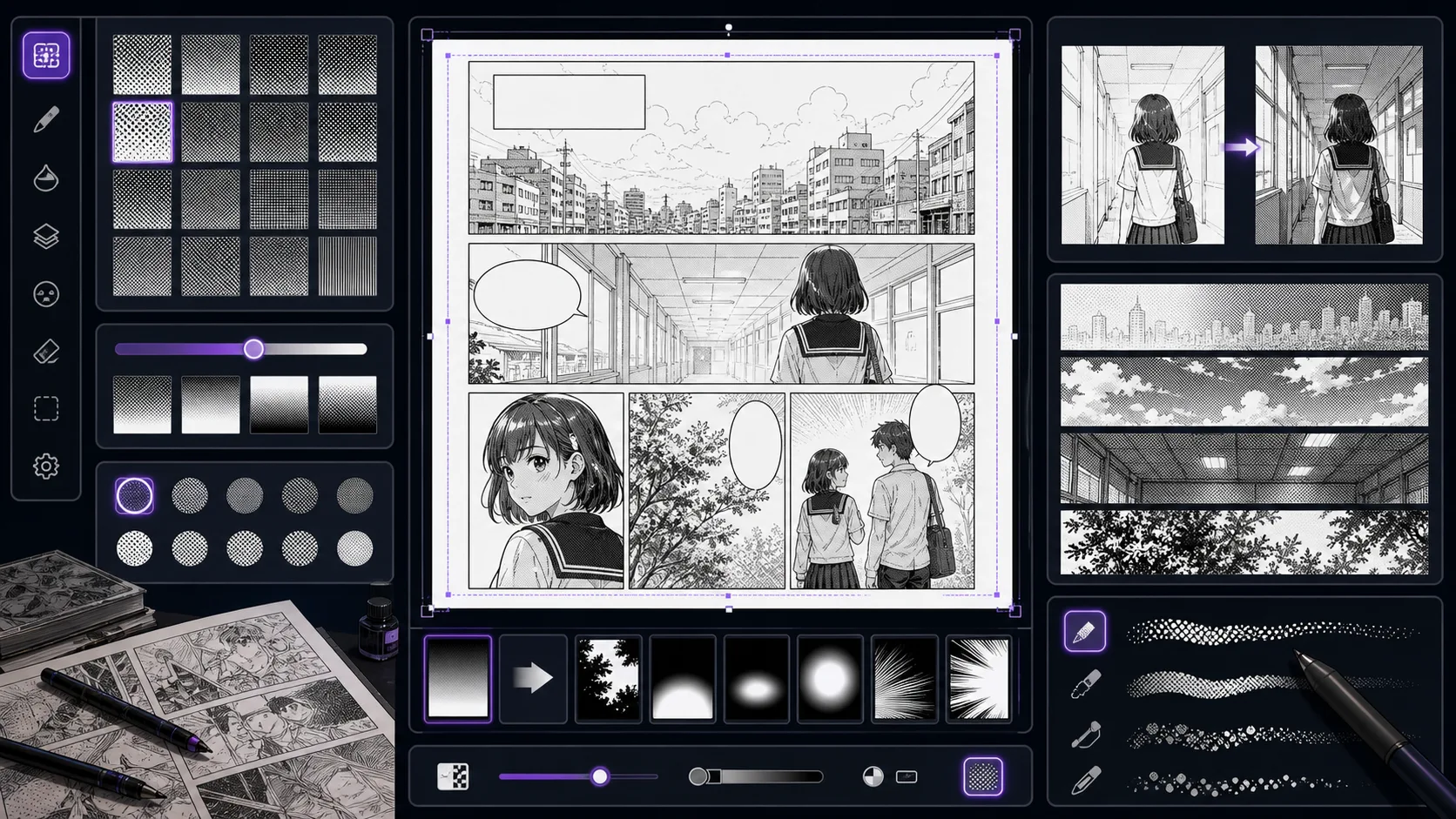Manga Screentone Generator workspace with tone swatches gradients and manga panels