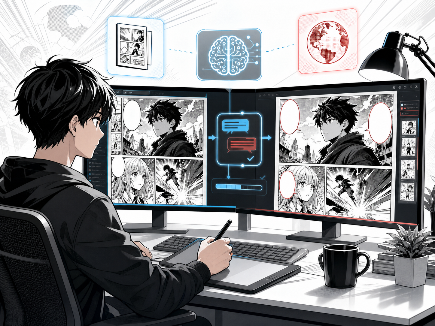 AI manga translator workspace with original and translated manga pages