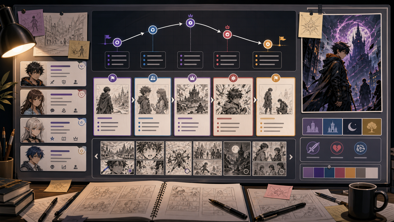 Comic Story Generator story planning board with visual beats
