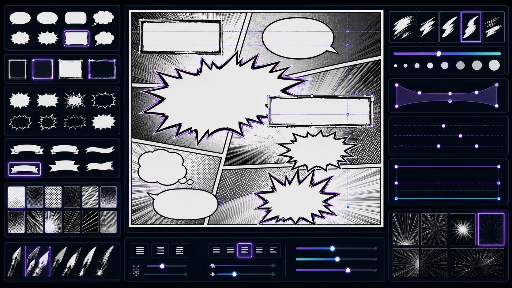 Comic Font Generator workspace with abstract lettering strokes bubbles and spacing guides