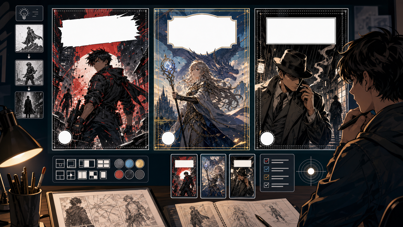 Comic Cover Generator showing cover concepts with clear title zones