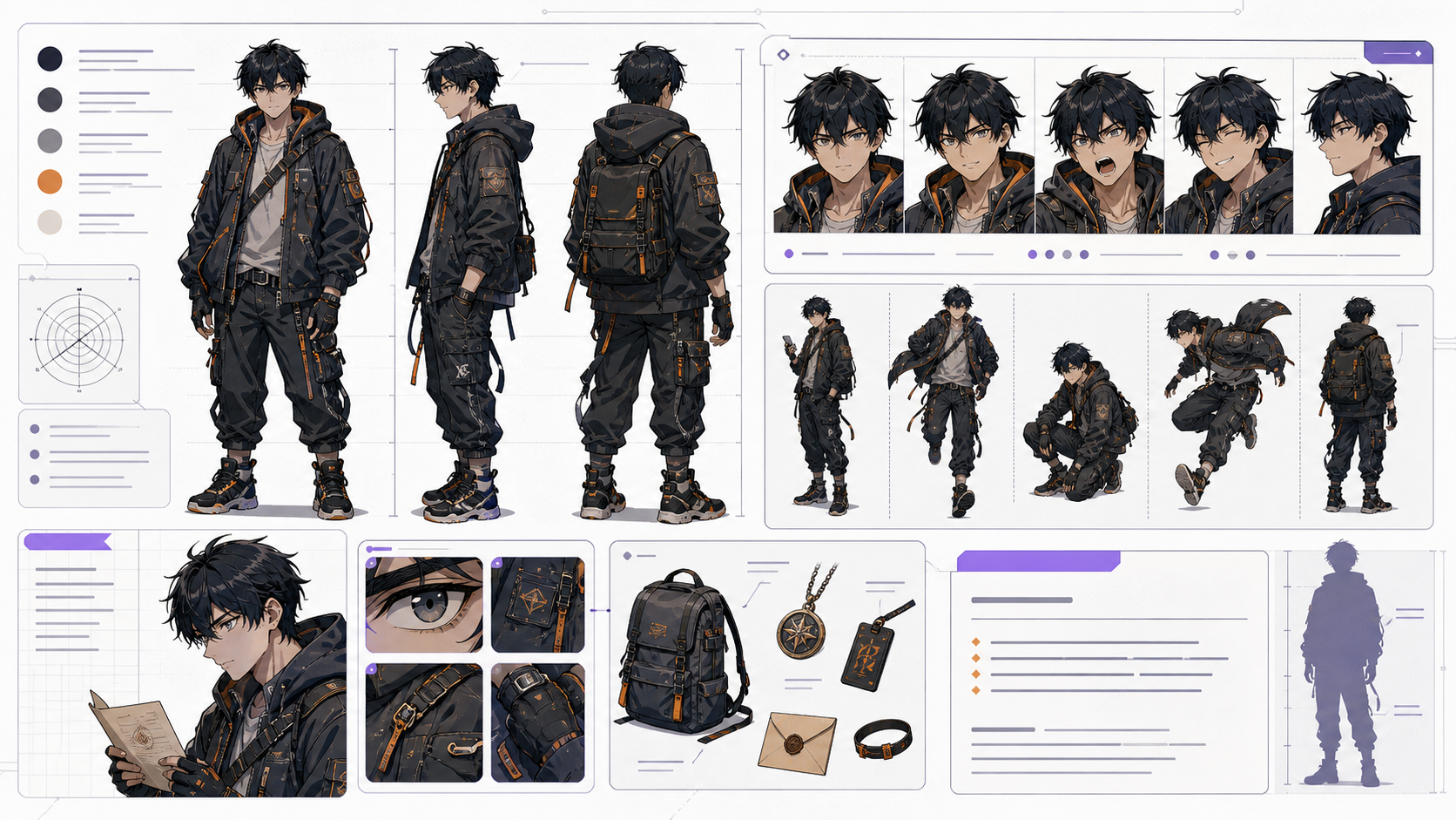 AI Character Sheet Generator reference sheet with front side expression and prop views