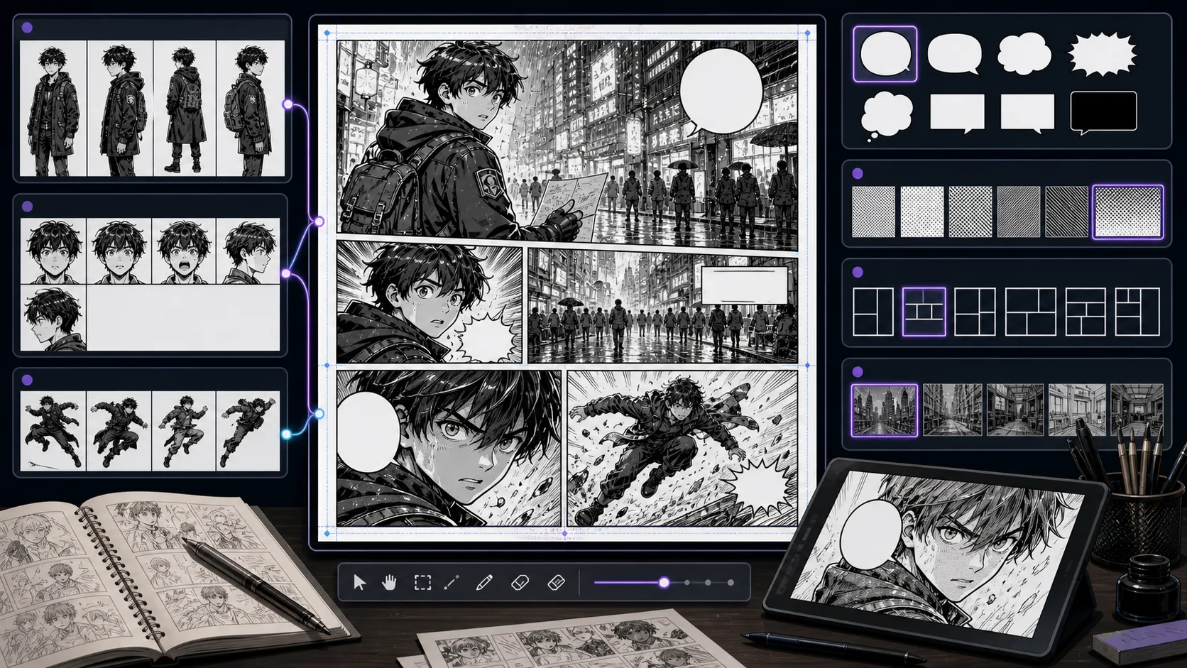 Manga Panel Generator workspace with monochrome panel variants screentone and blank bubbles