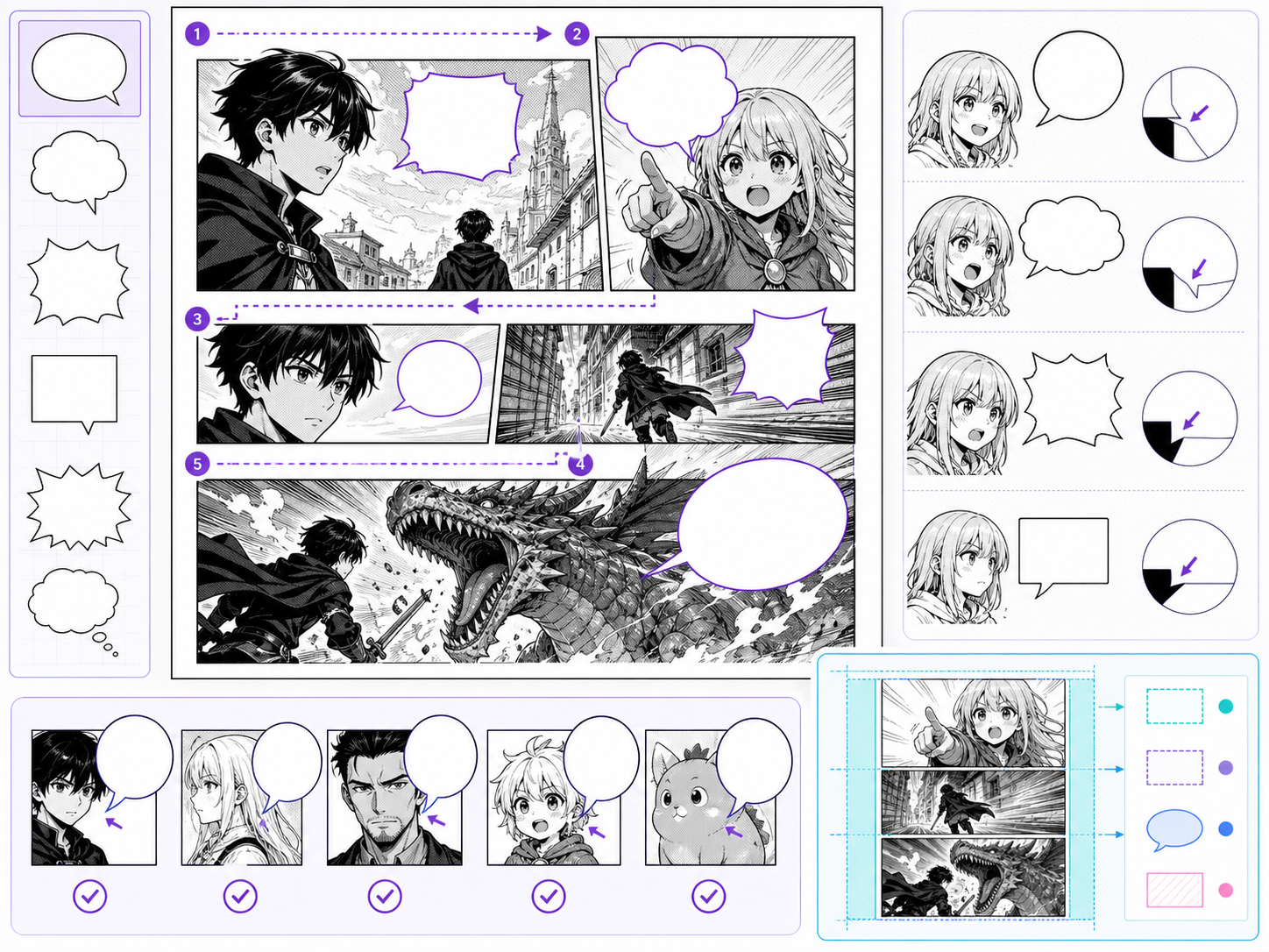Manga speech bubble layout with reading order and tail direction guides