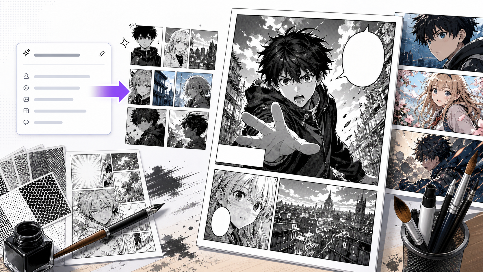 AI Manga Generator workflow turning prompts into manga panels