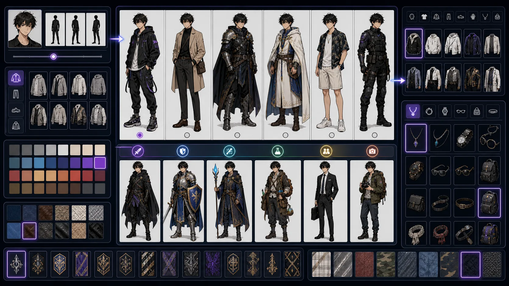 Outfit Generator board with costume silhouettes fabric swatches accessories and full body variants
