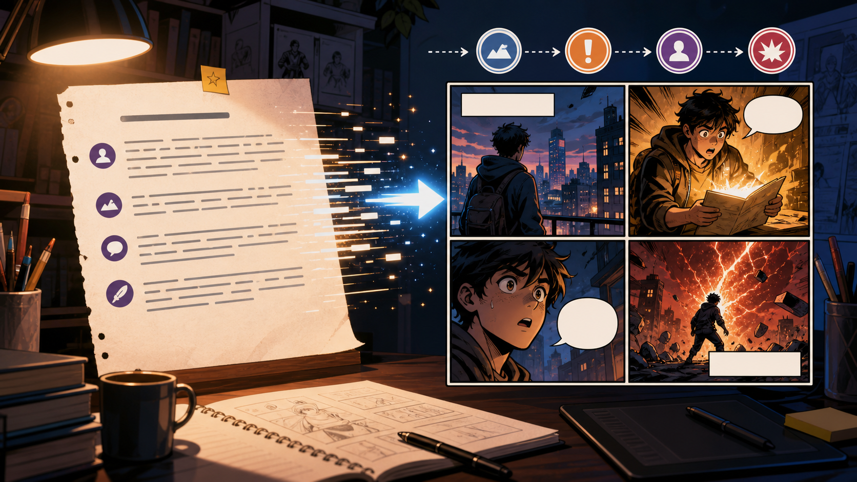 Text to Comic AI workflow converting script notes into comic panels