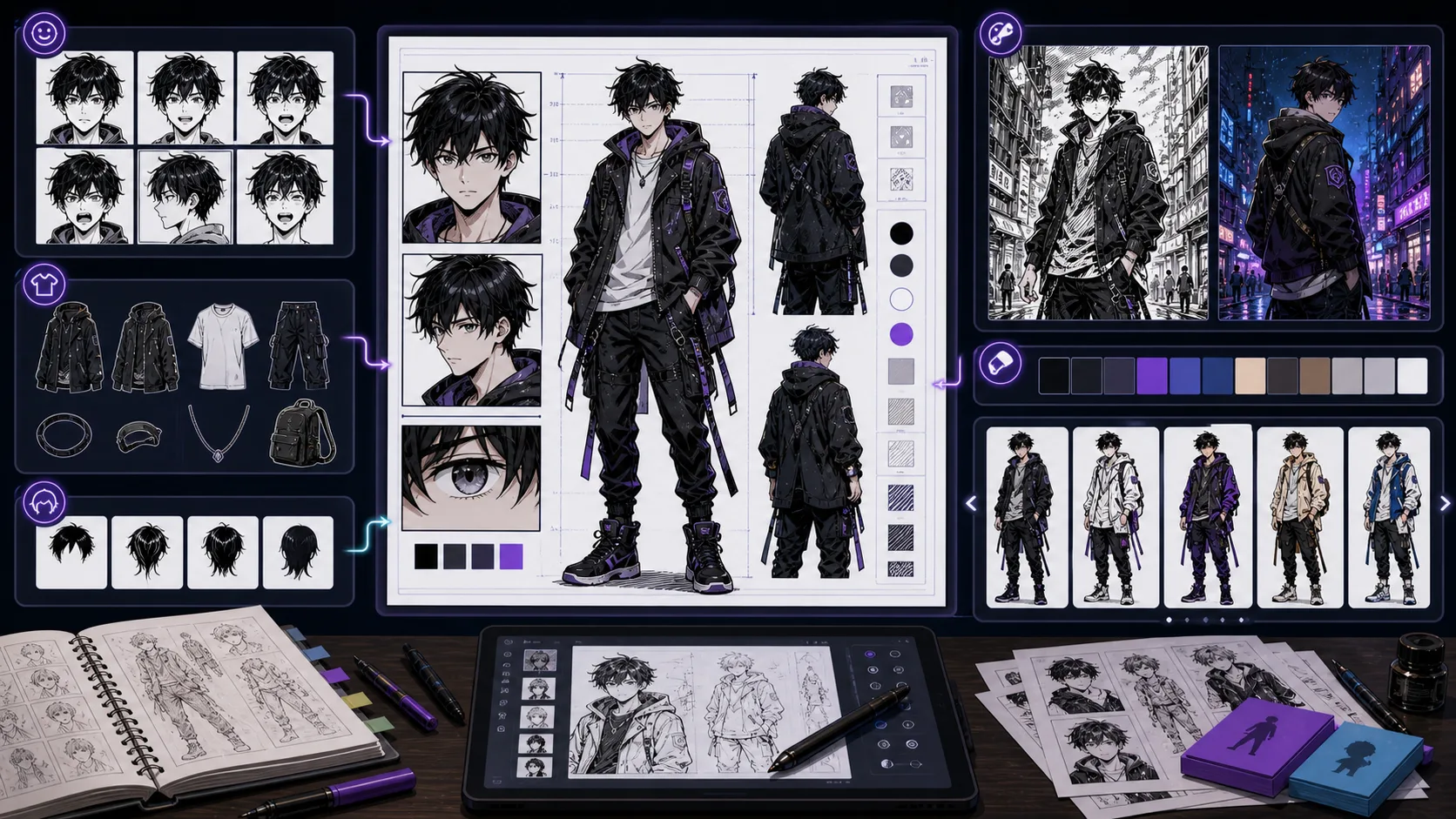 Manga Character Generator board with manga character expressions outfit anchors and style variants