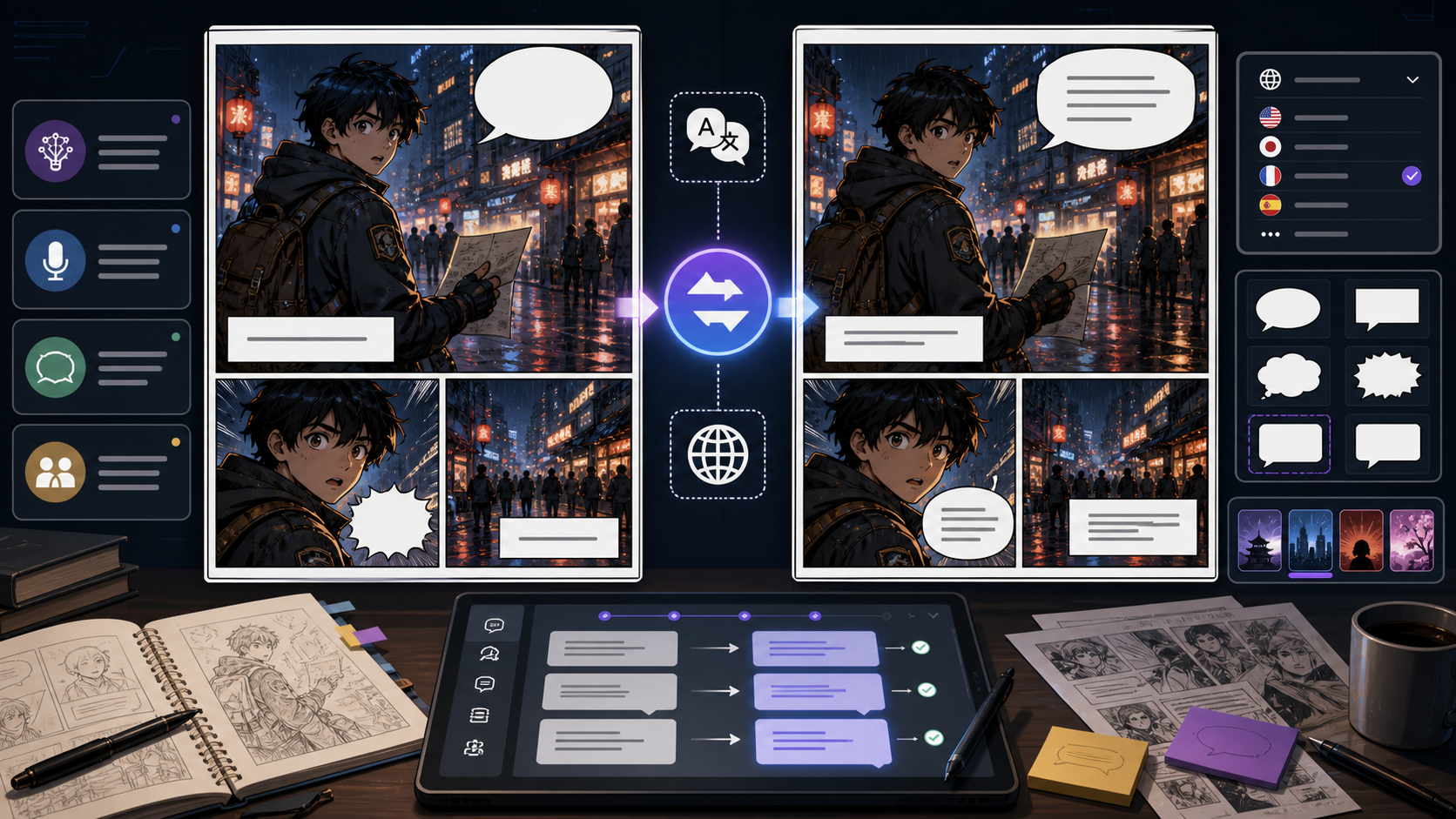 AI Comic Translator interface translating an uploaded comic image