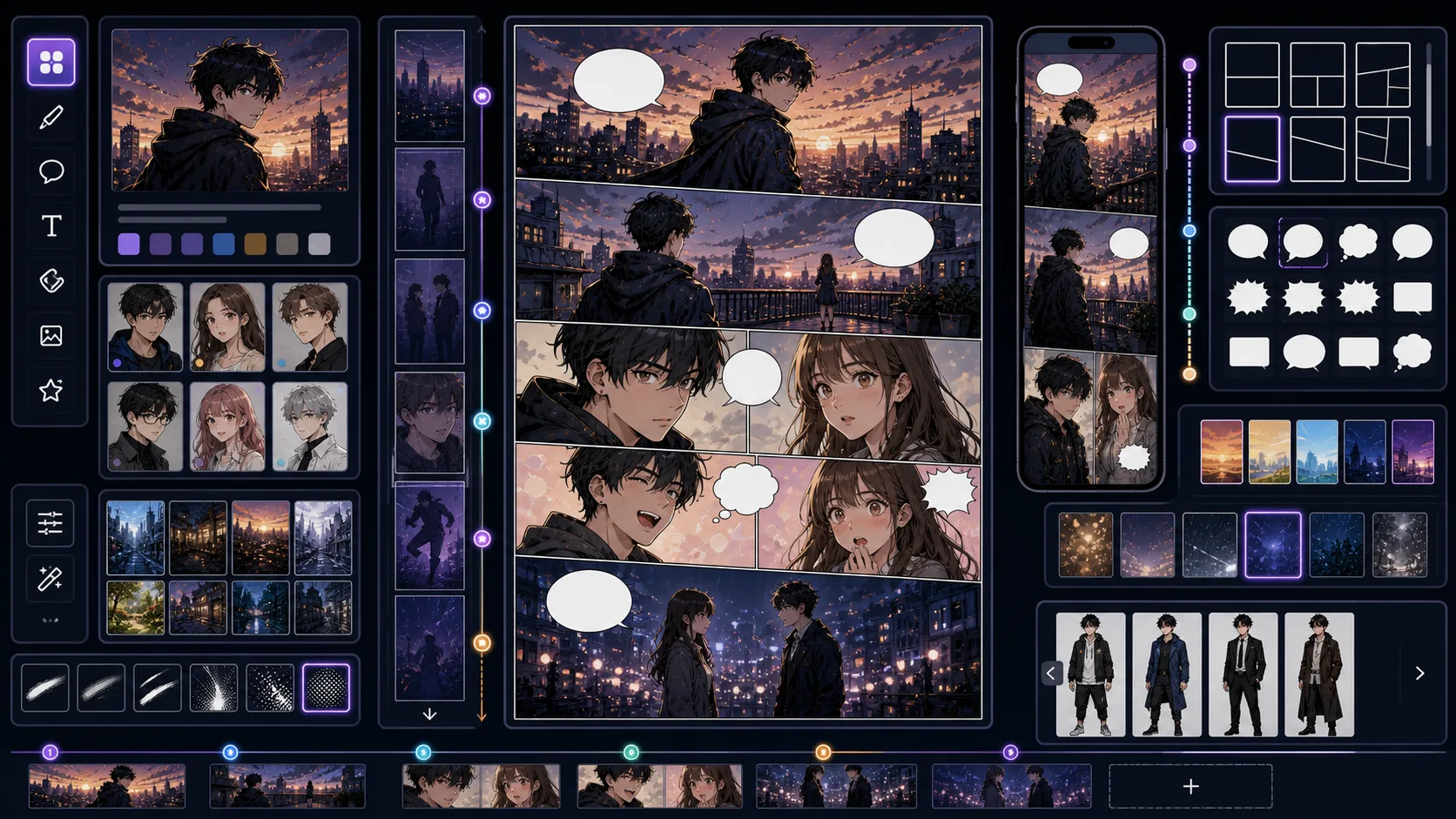Webtoon Maker production workspace with vertical panels mobile previews and blank dialogue bubbles