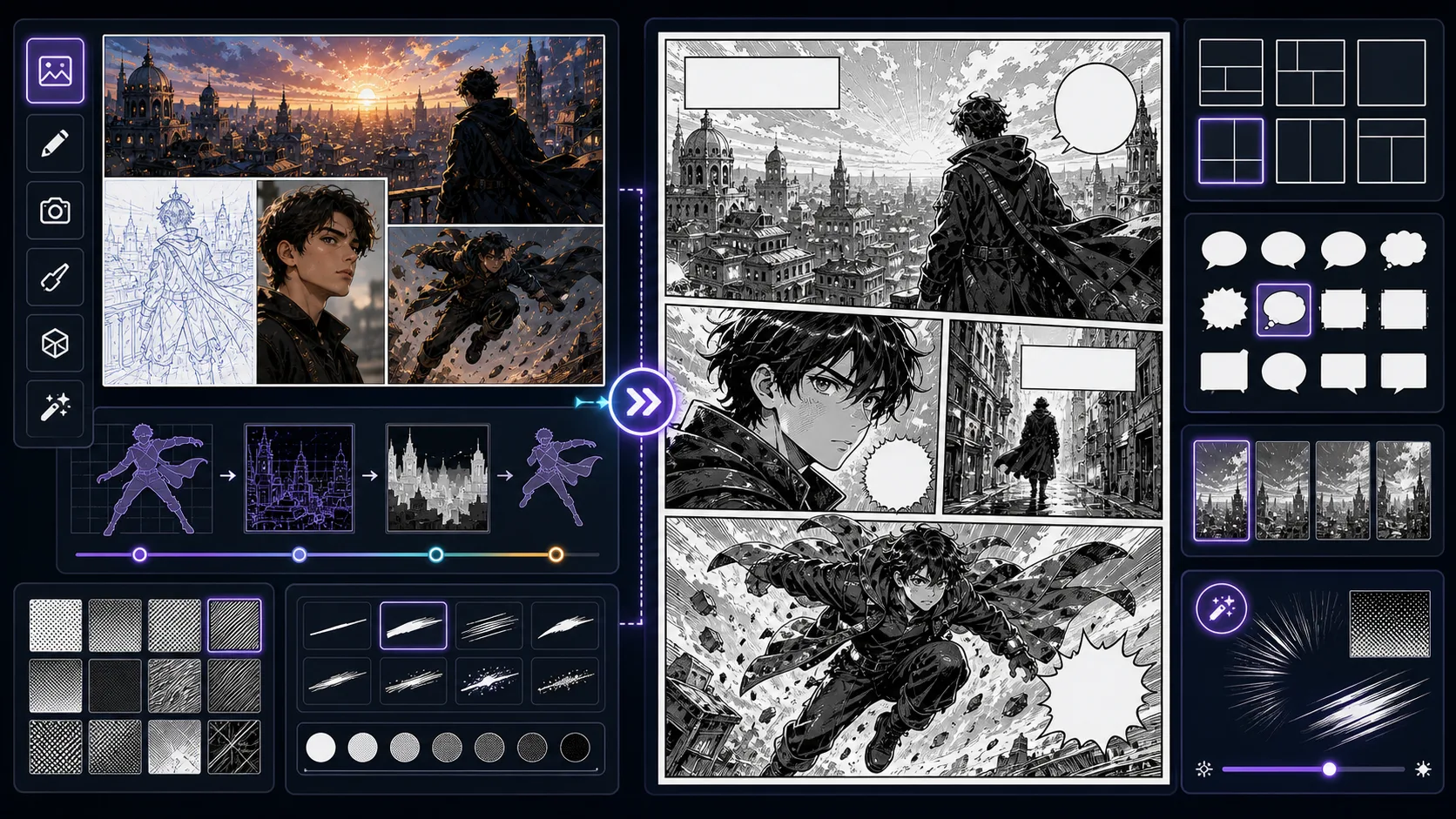 Image to Manga conversion board turning mixed references into manga panels