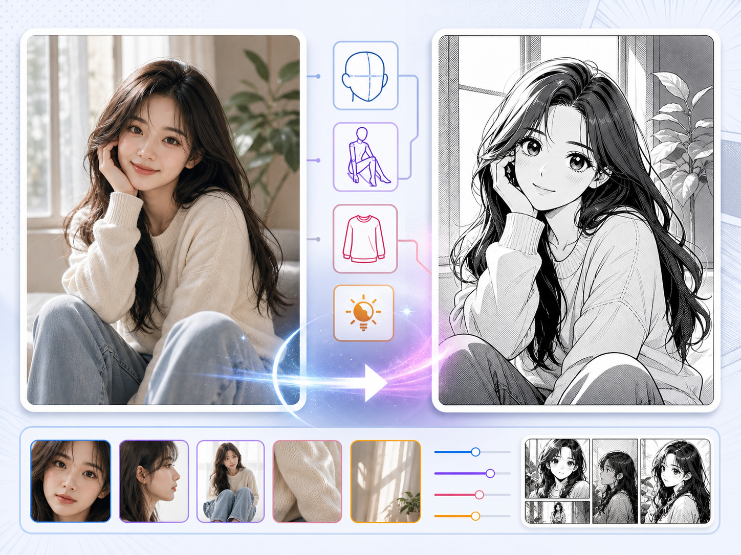 Photo to Manga conversion showing source portrait transformed into manga style