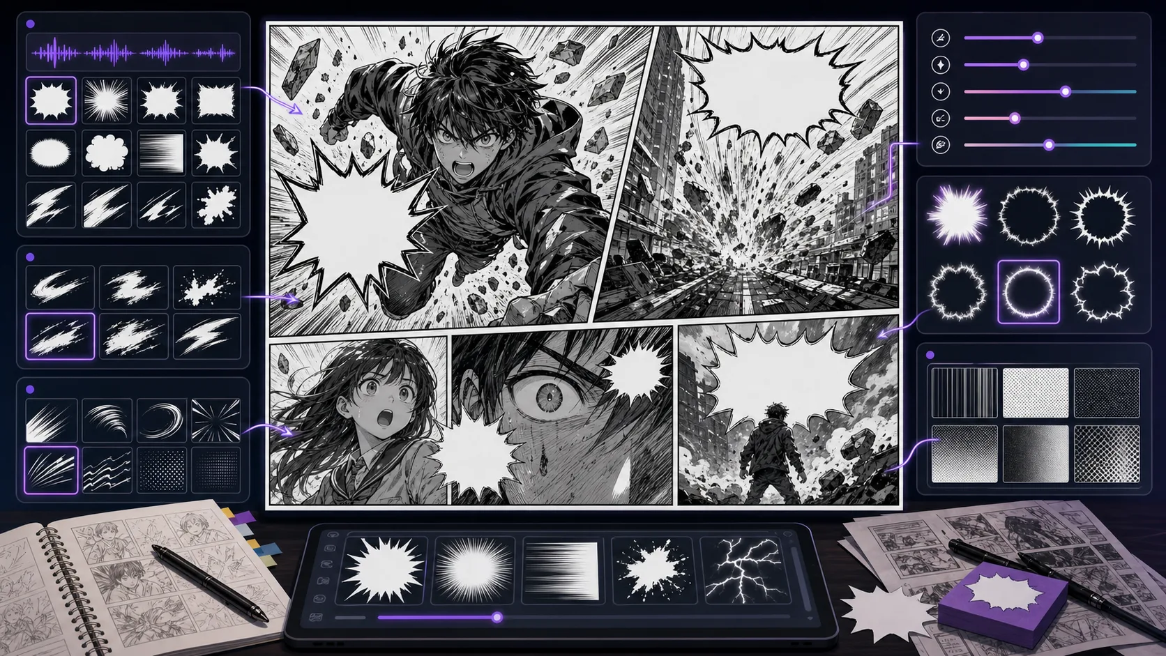 Manga Sound Effect Generator workspace with impact shapes motion lines and blank effect zones