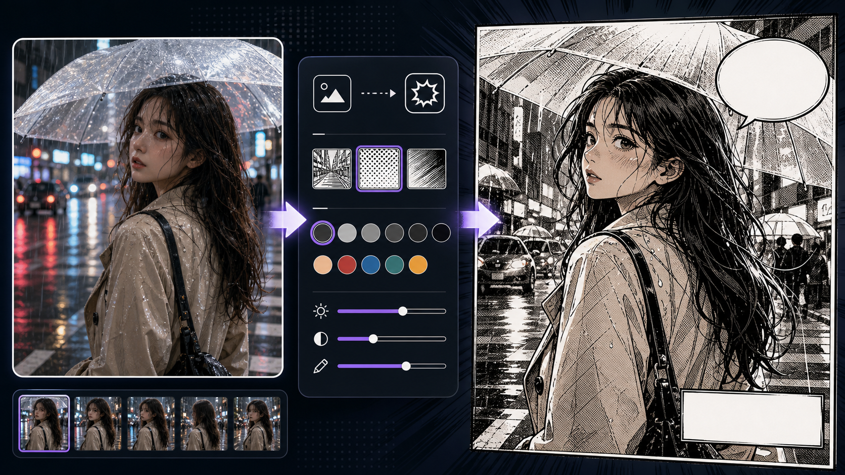 Photo to Comic converter preserving source pose lighting and composition in comic art