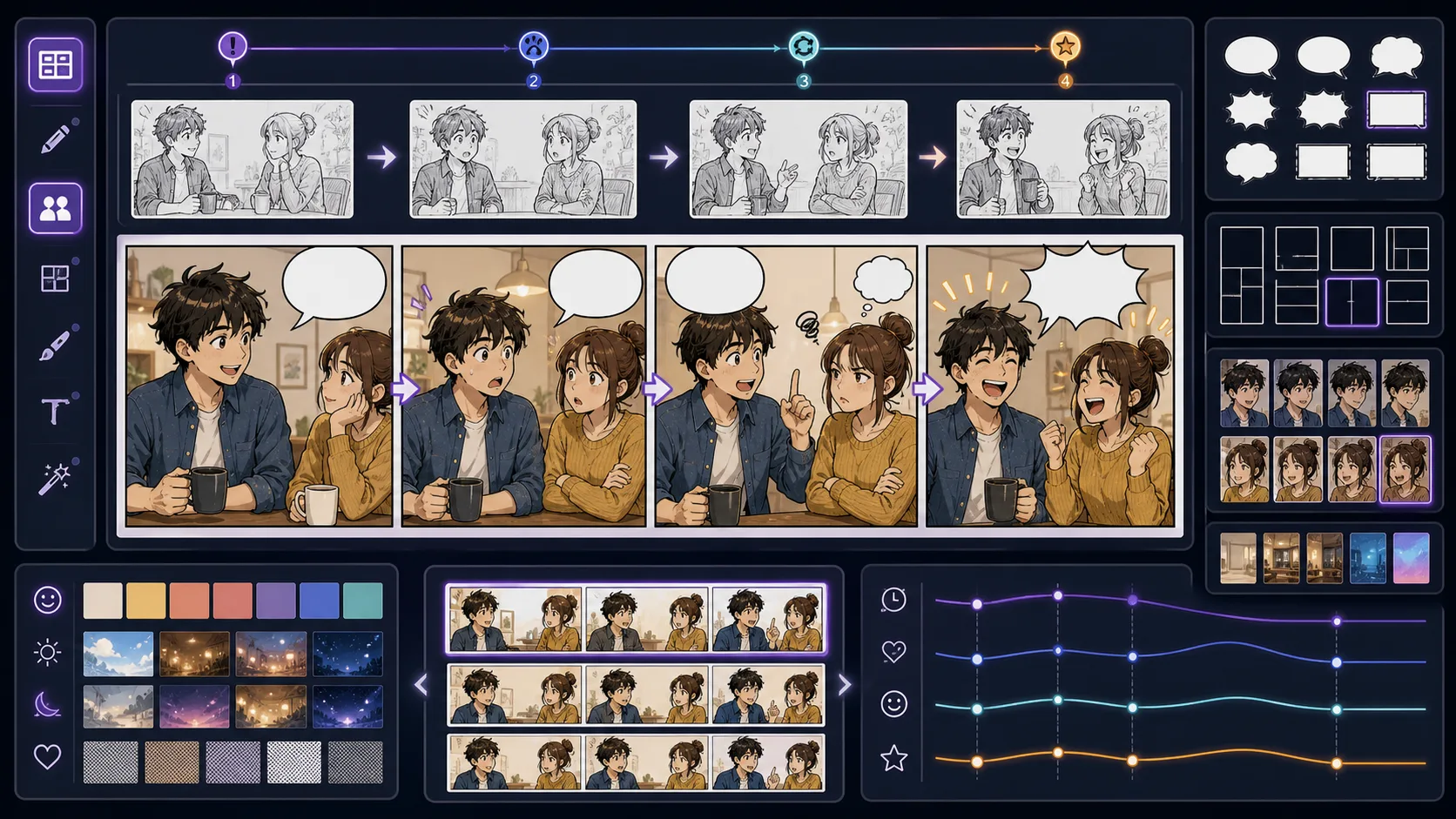 Comic Strip Maker workflow with four horizontal panels blank bubbles and timing beats