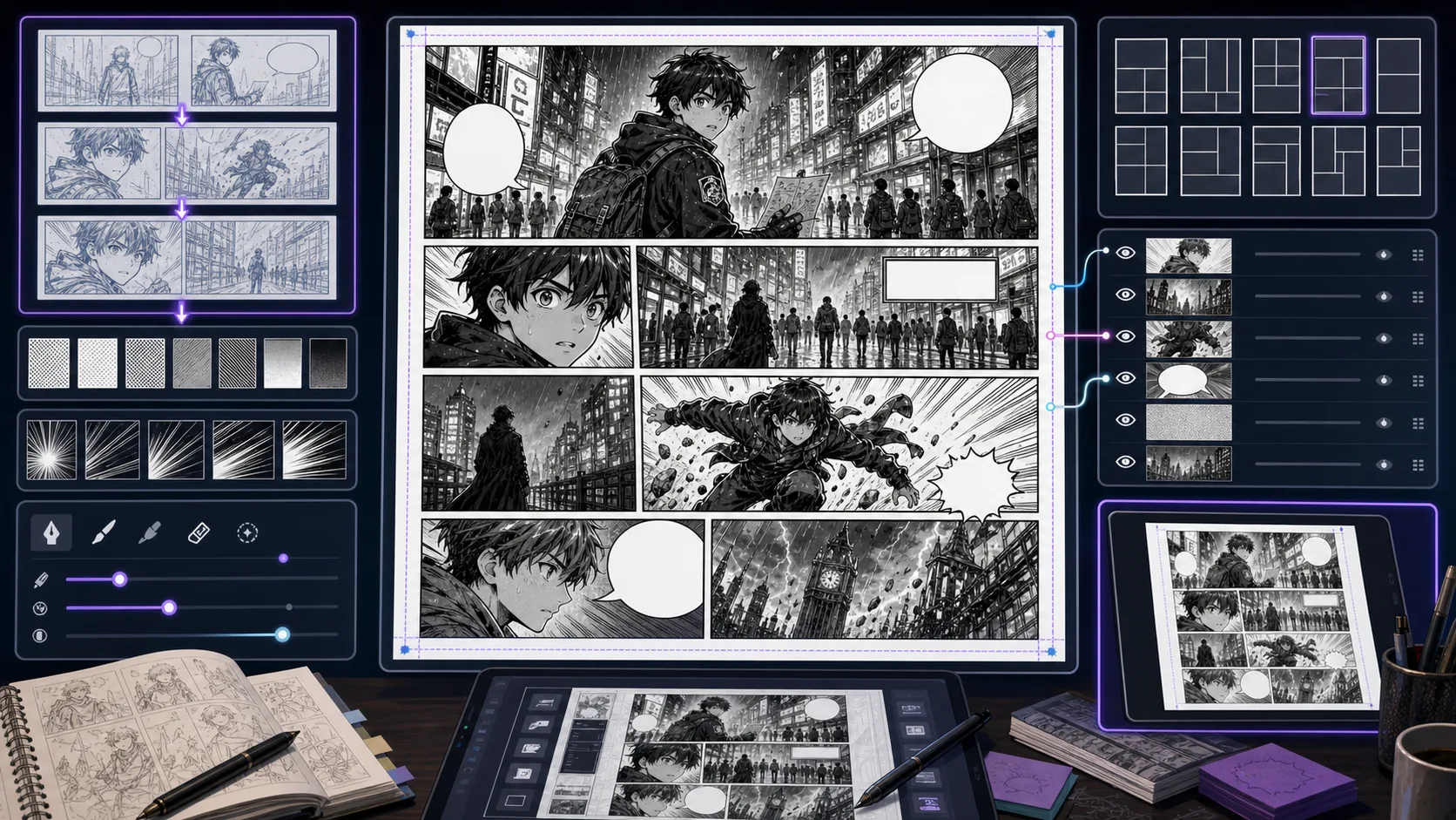 Manga Page Generator assembling a complete black and white page with panels gutters and screentone
