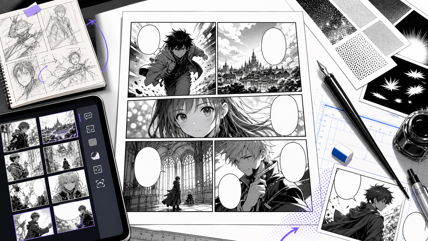 Manga Maker production desk with page layout, screentone, and panel rhythm