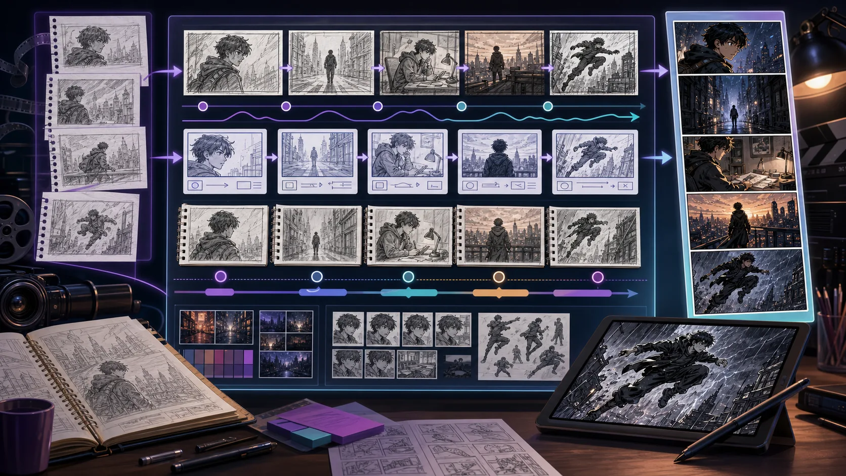 Storyboard Generator sequence board with rough thumbnails camera beats and pacing arrows