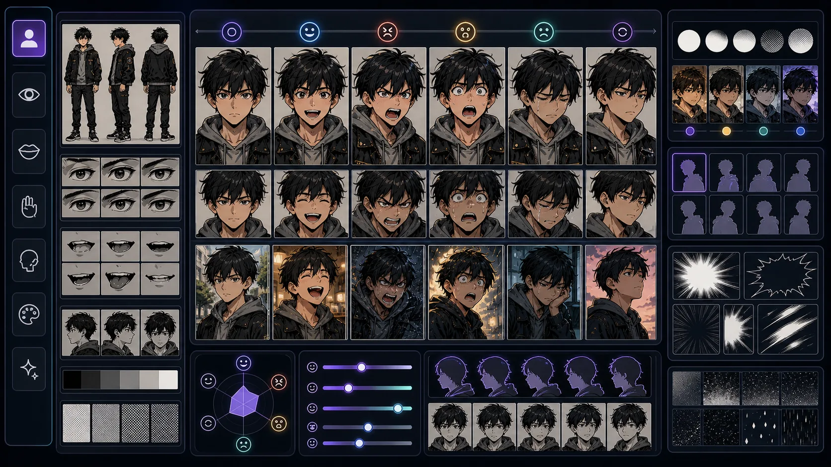 Character Expression Generator board with face close ups and emotion variations
