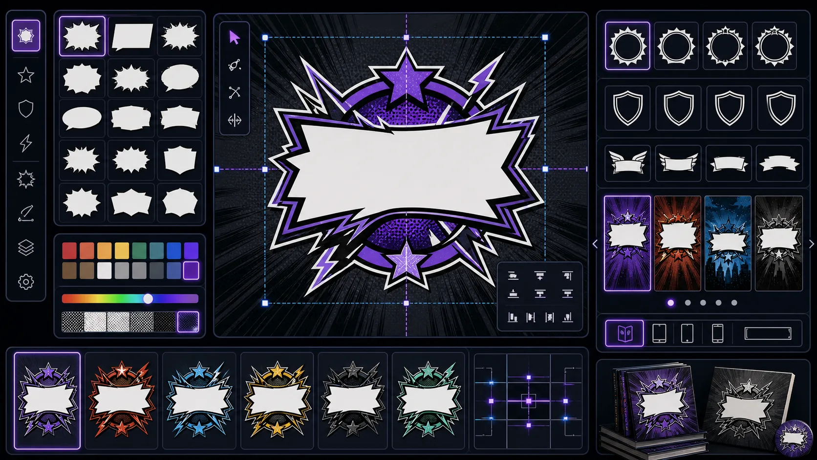 Comic Logo Generator workspace with emblem shapes badge variants and cover previews