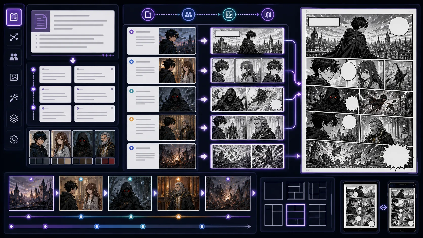 Story to Comic workflow turning blank story cards into panel thumbnails and page preview