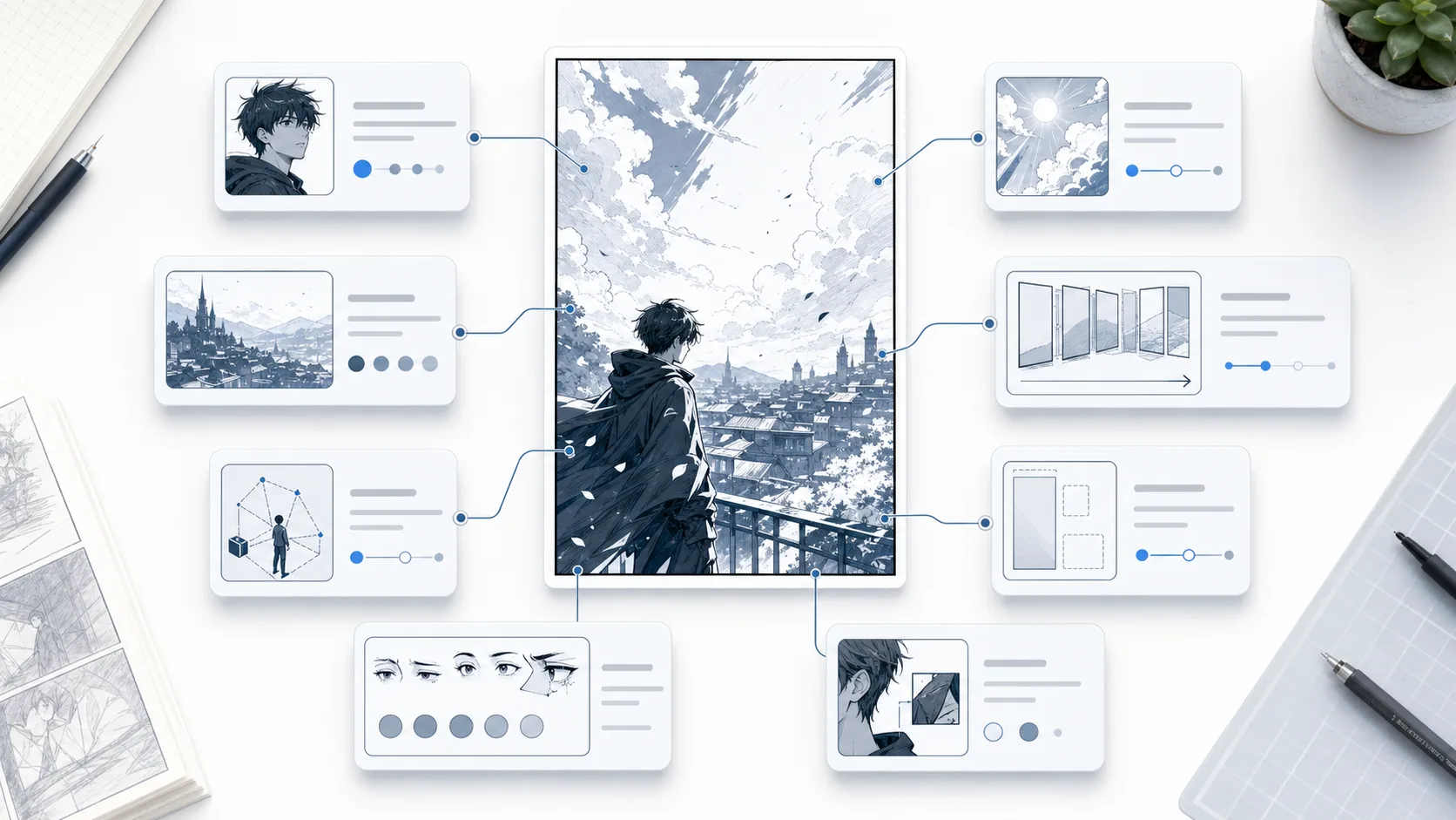 Prompt planning board connecting character, setting, camera, rhythm, and continuity notes to a vertical webtoon panel.