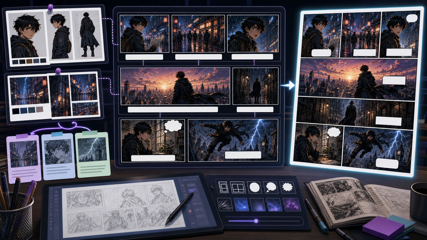 AI Comic Maker board for short comic sequences, character anchors, captions, and panel drafts