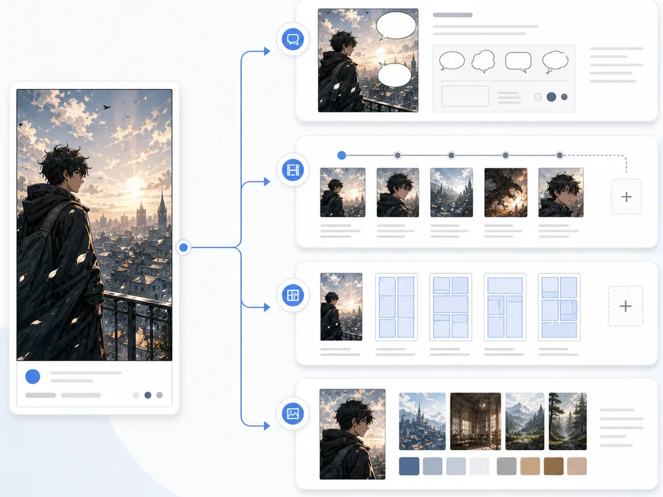 Generated webtoon panel branching into captions, episode timeline, layout, and reference modules.