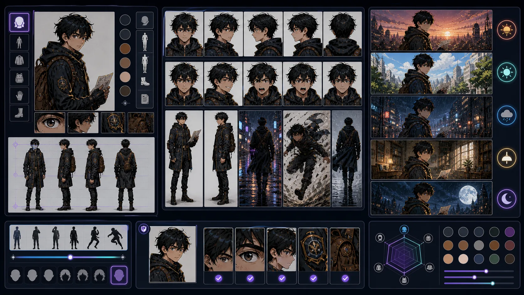 Consistent Character Generator comparison grid showing the same character across poses and scenes