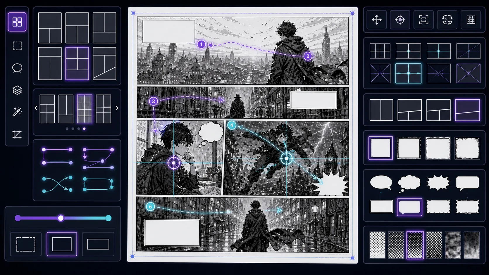 Panel Layout Maker workspace with panel grids gutters reading order and focal guides