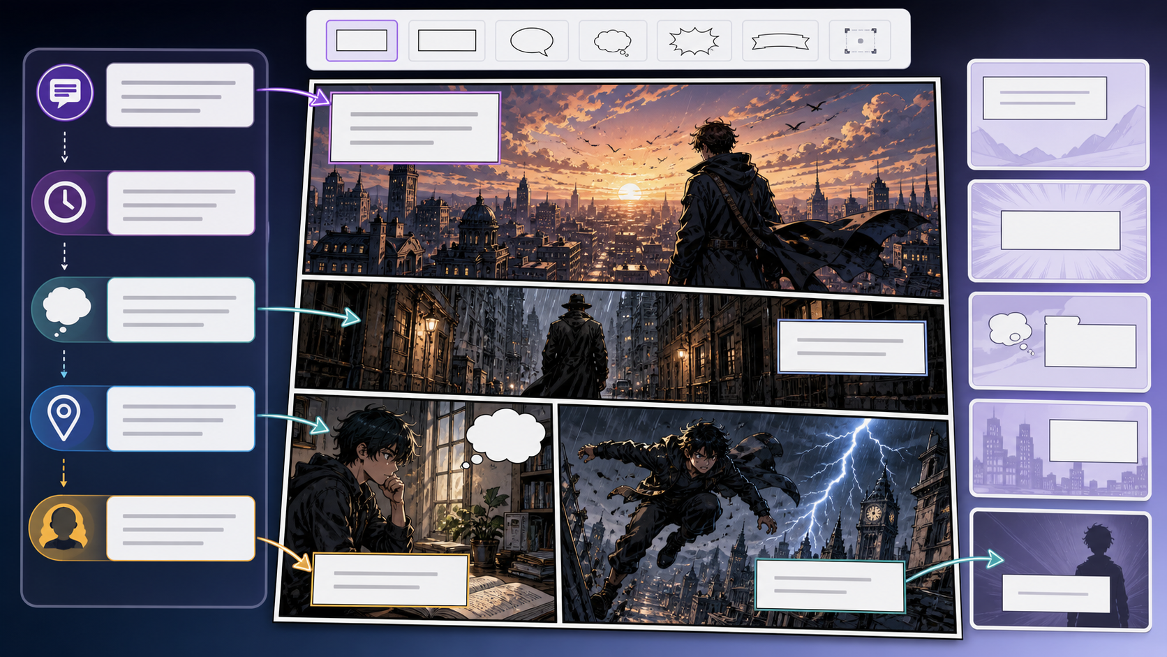 Comic Caption Generator with blank narration boxes and caption placement
