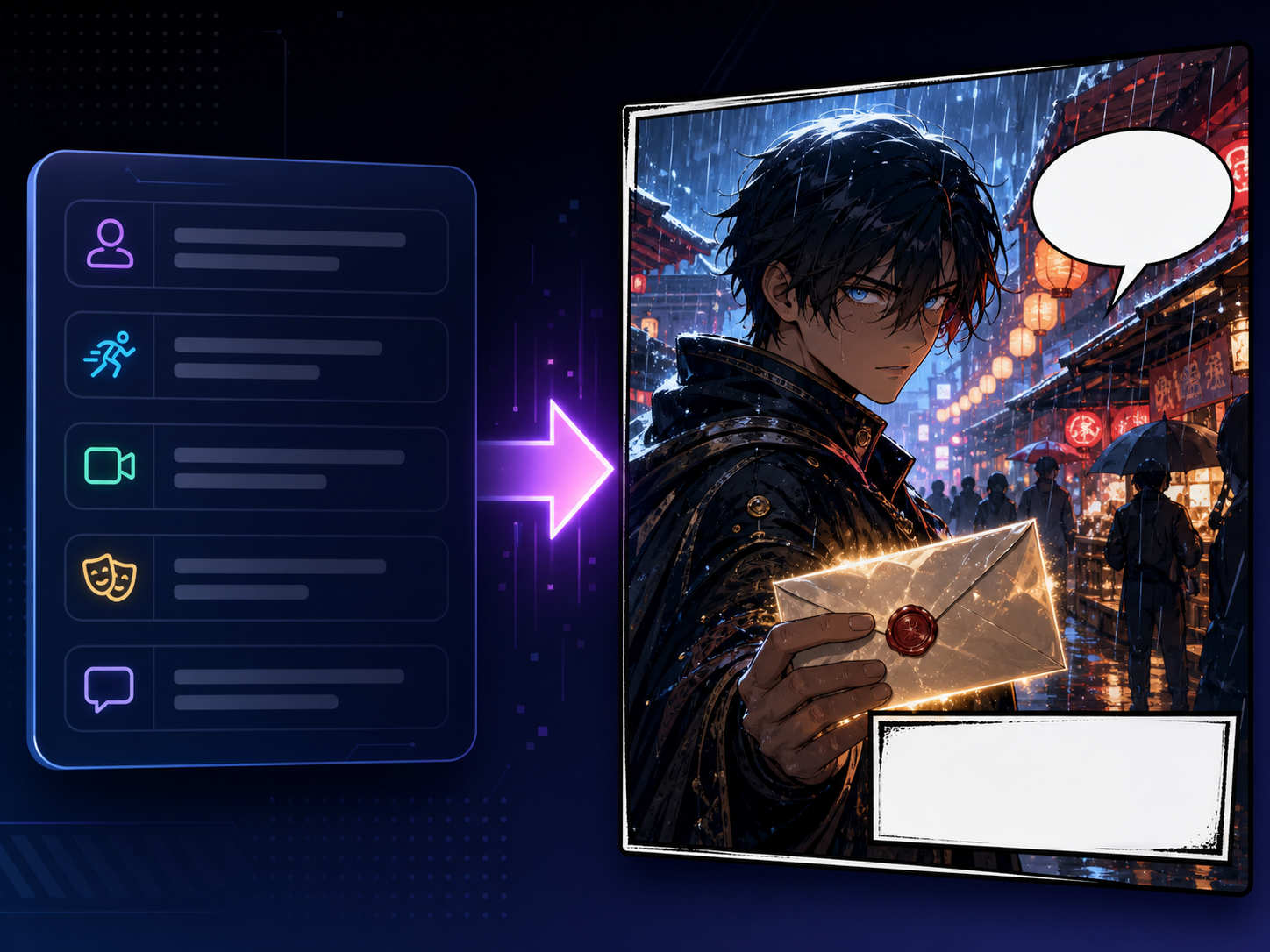 Text prompt turning into a finished manga-style comic panel with ComicsAI