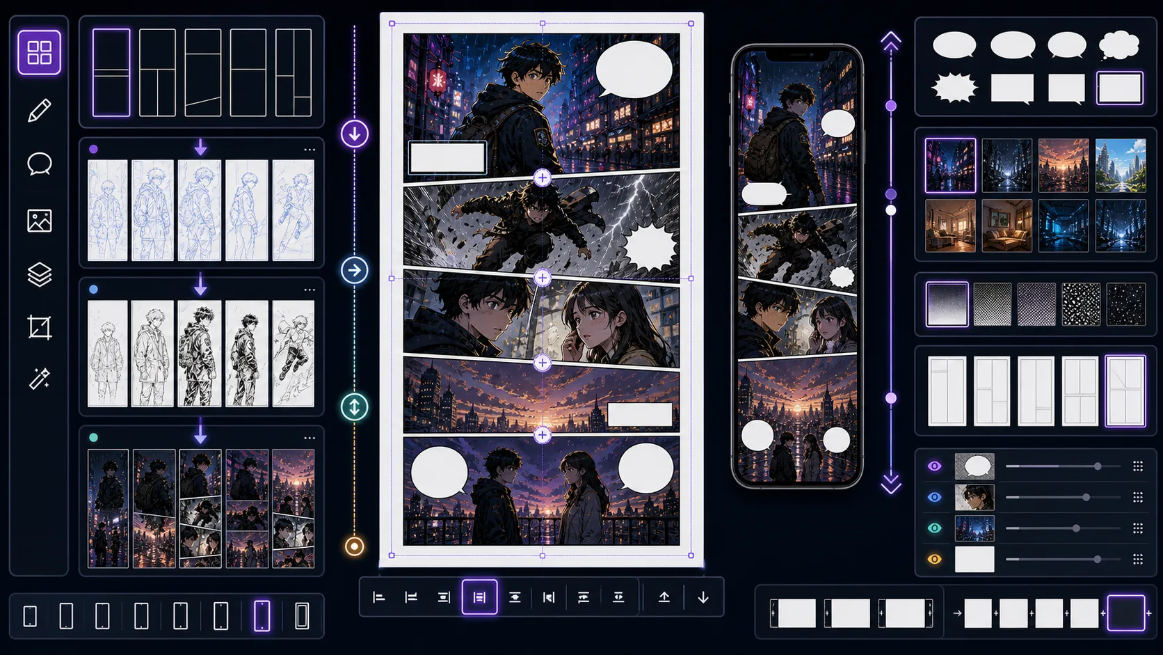 Vertical Comic Maker workspace with stacked panels scroll gaps and mobile crop guides