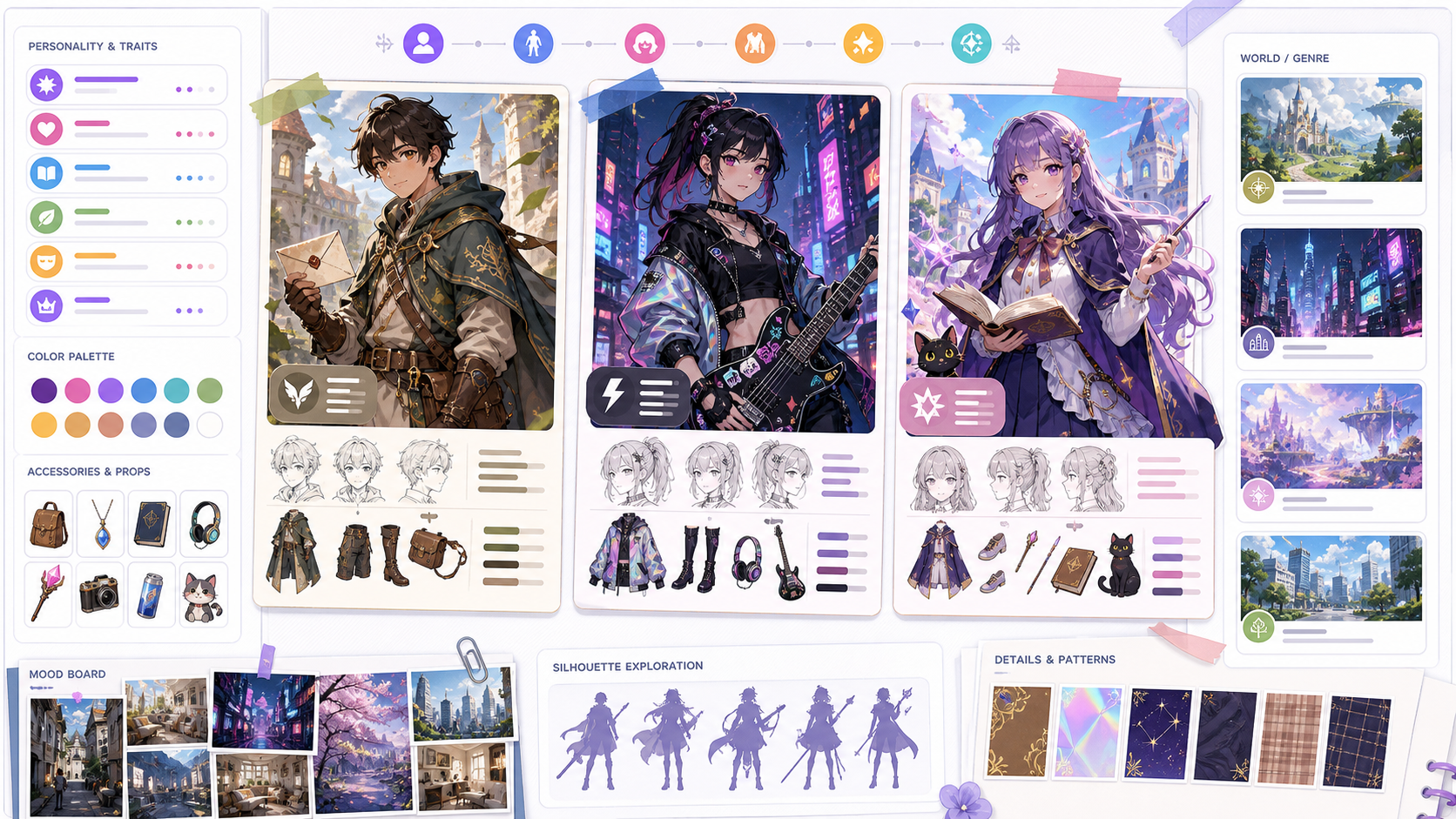 OC Maker original character concept board with genre and personality cues