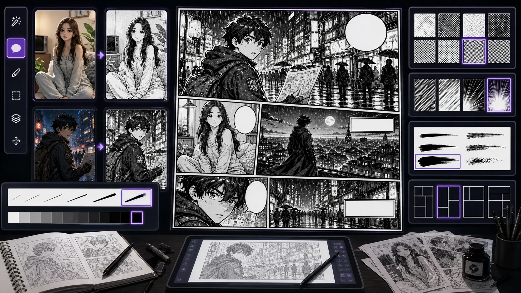 Black and White Manga Generator workspace with ink shadow screentone and monochrome panels