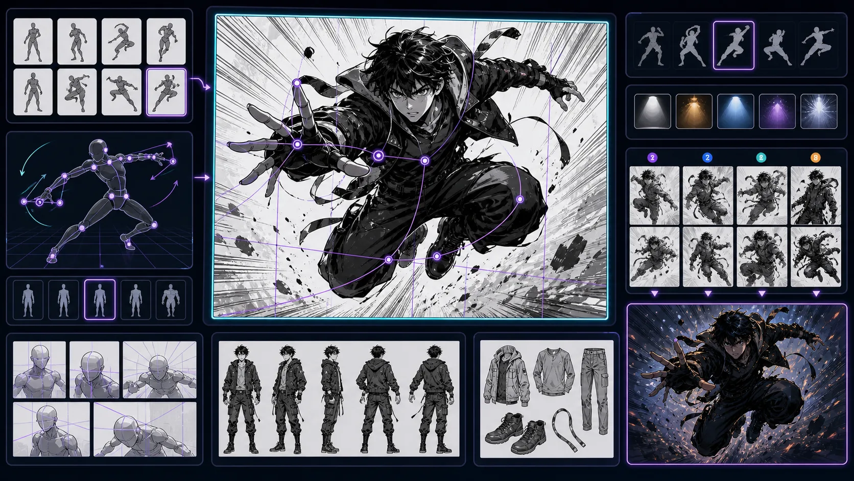 Character Pose Generator workspace with gesture silhouettes action poses and balance guides