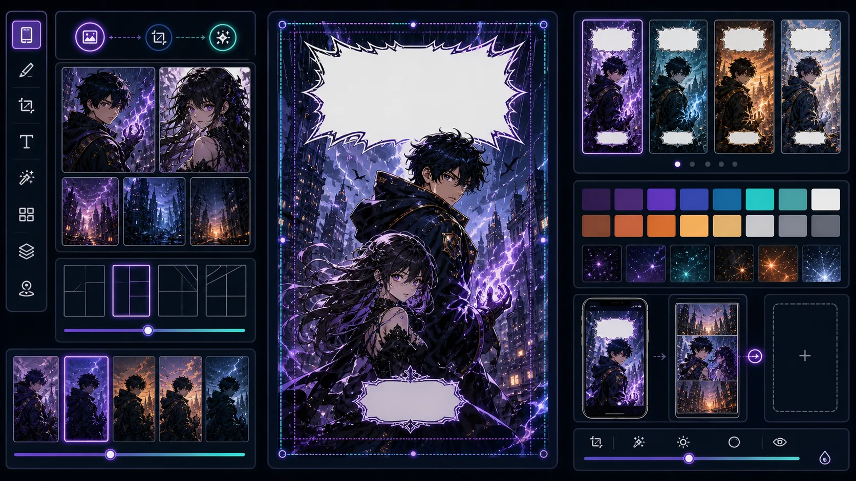 Webtoon Cover Generator workspace with portrait cover variants title-safe zones and mobile thumbnails