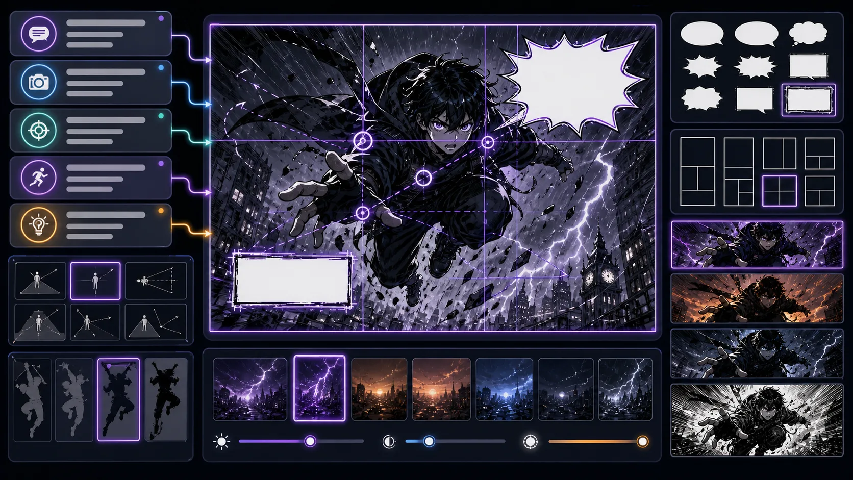 Comic Panel Generator designing a single panel with camera guides focal point and blank speech space