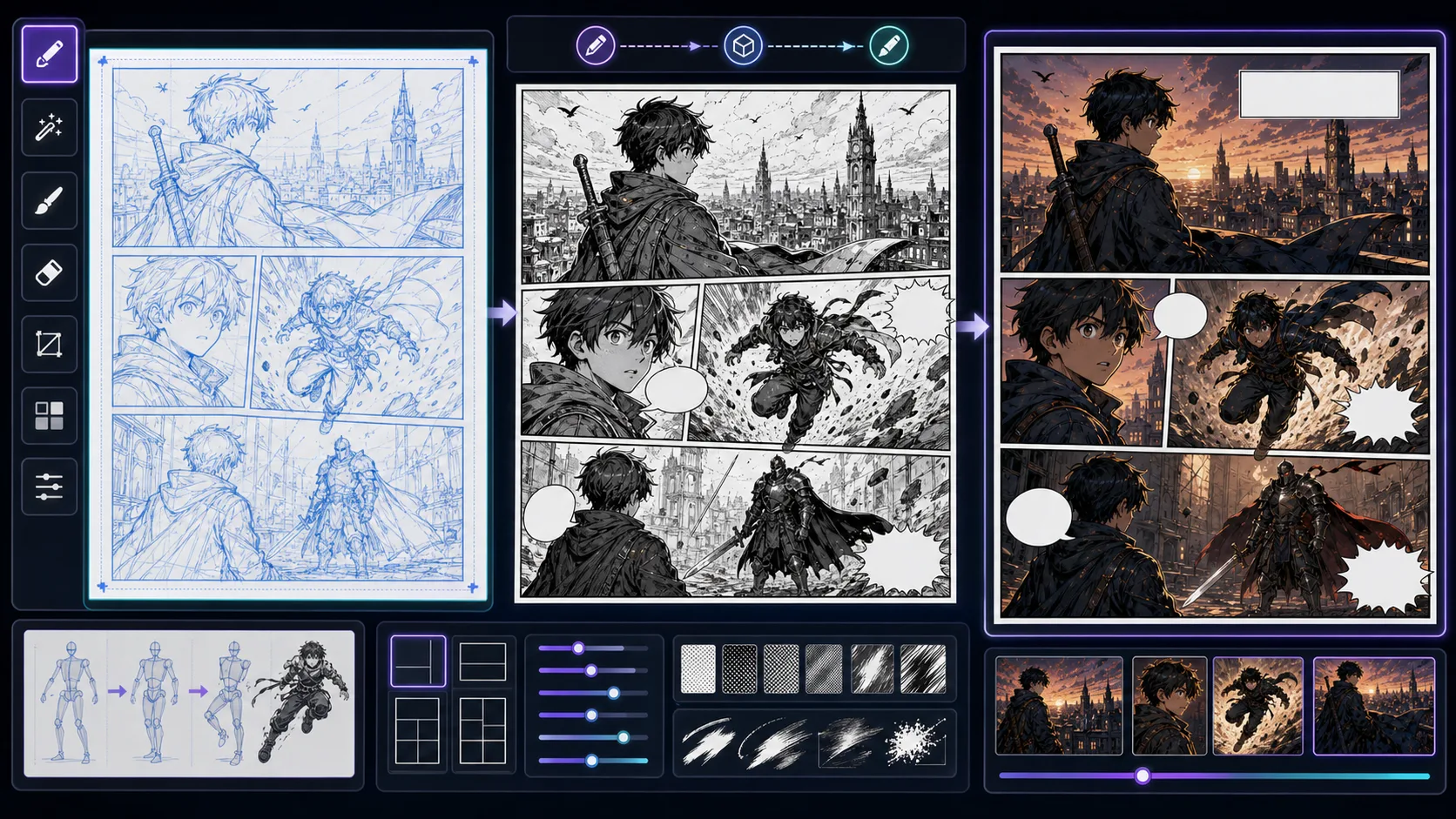 Sketch to Comic workflow transforming rough pencil drawings into finished comic panels