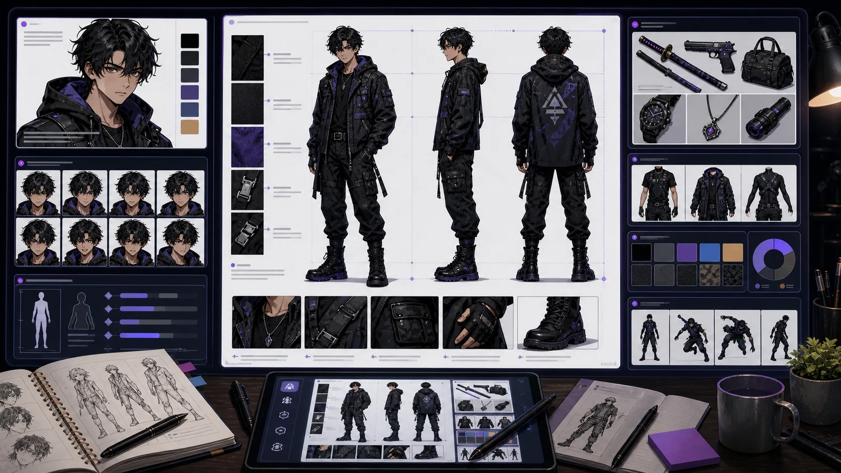 Character Reference Maker production board with portrait full body side view prop details and color anchors