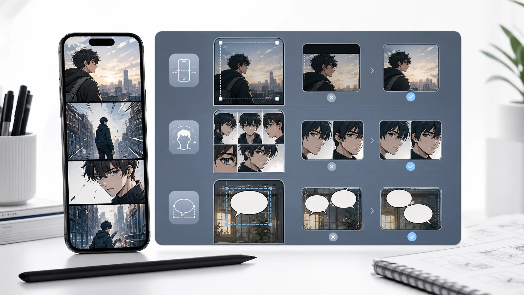 Mobile webtoon review board checking crop, character consistency, and speech bubble safe zones.
