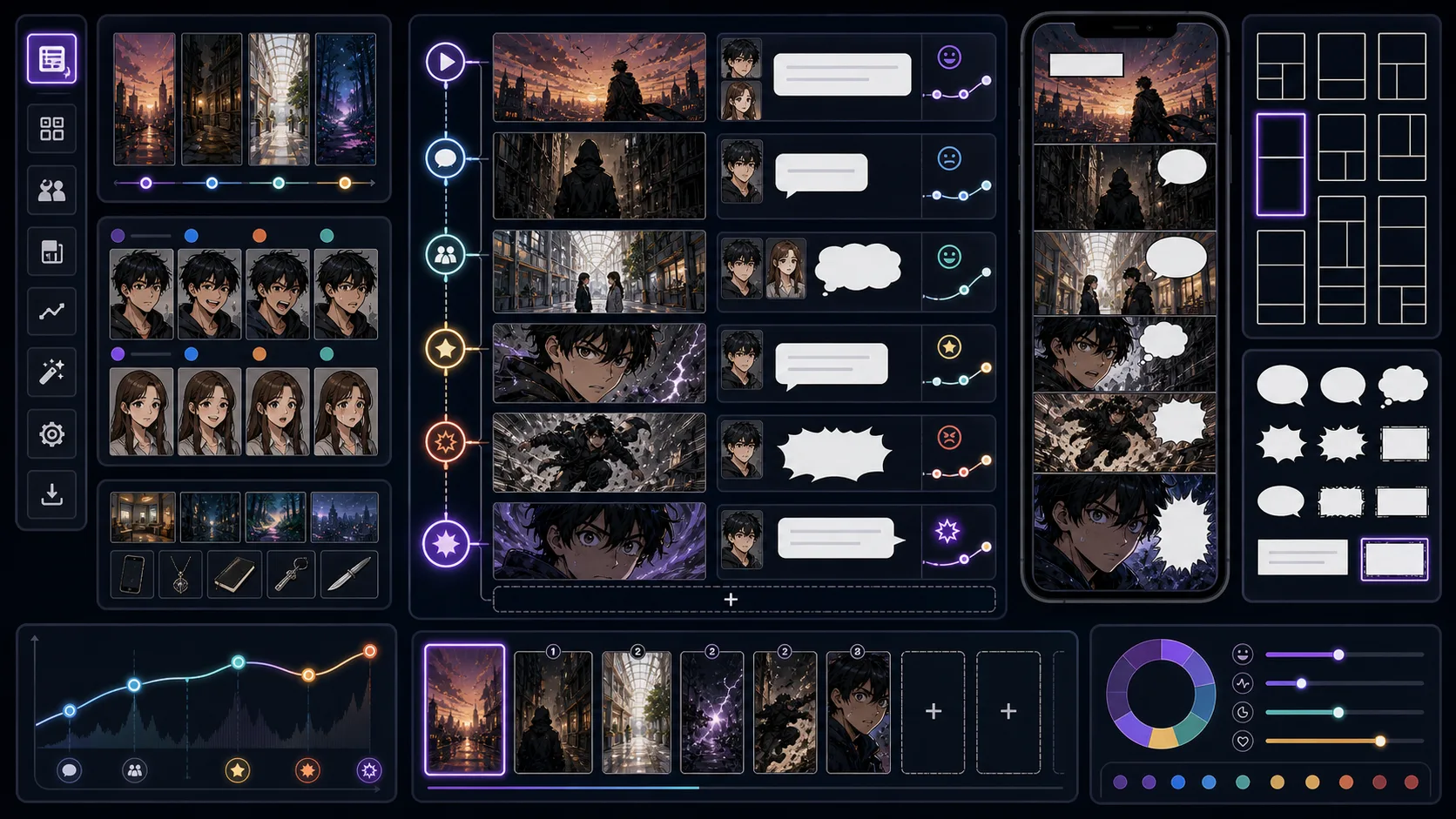 Webtoon Episode Planner dashboard with vertical beat map pacing curve and mobile preview
