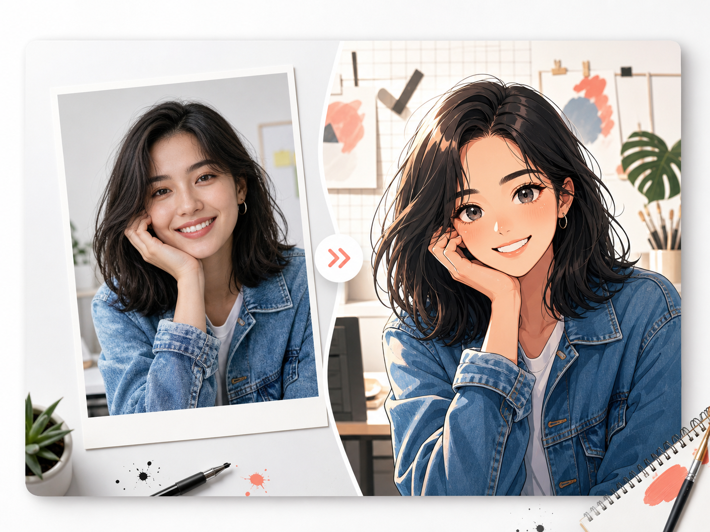Photo to Anime AI Converter showing a portrait photo transformed into original anime-style art