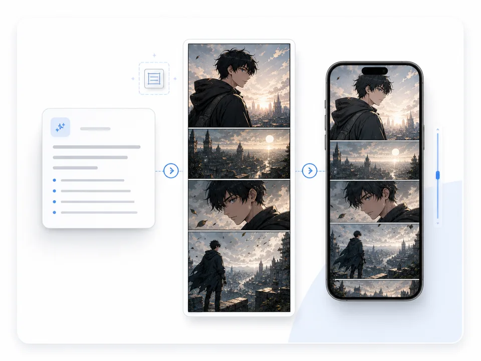 Prompt note becoming a vertical webtoon panel and phone preview.