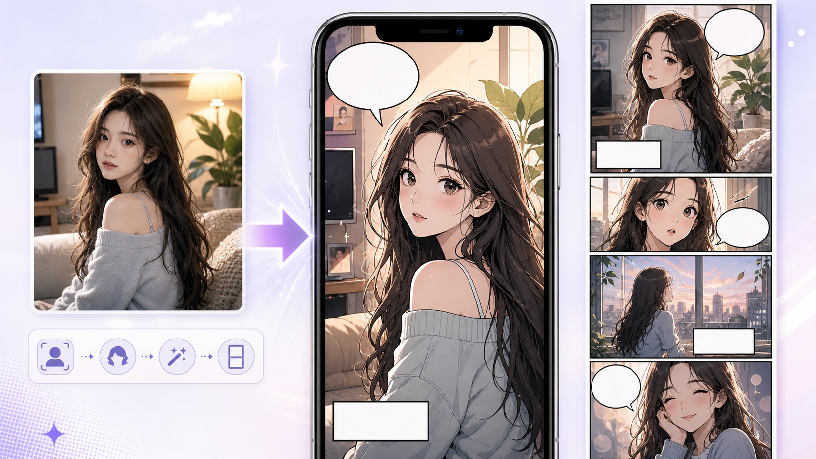 Photo to Cartoon AI Converter workspace showing a source portrait and cartoon result