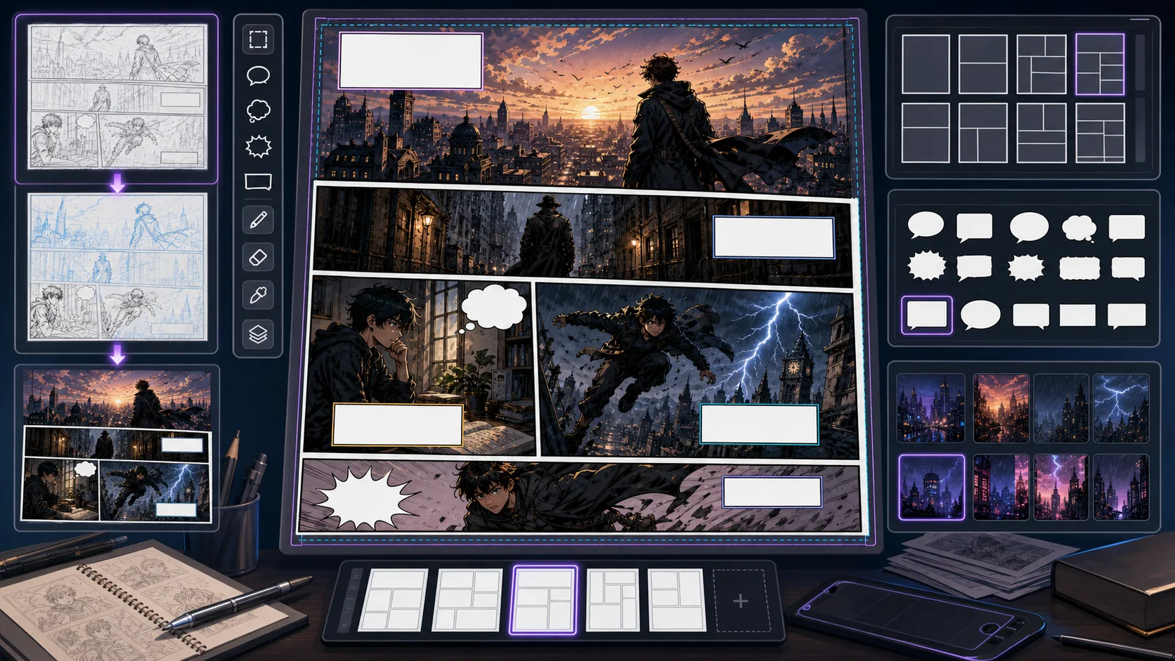 Comic Book Generator workflow with story beats, multi-panel pages, character notes, and cover planning