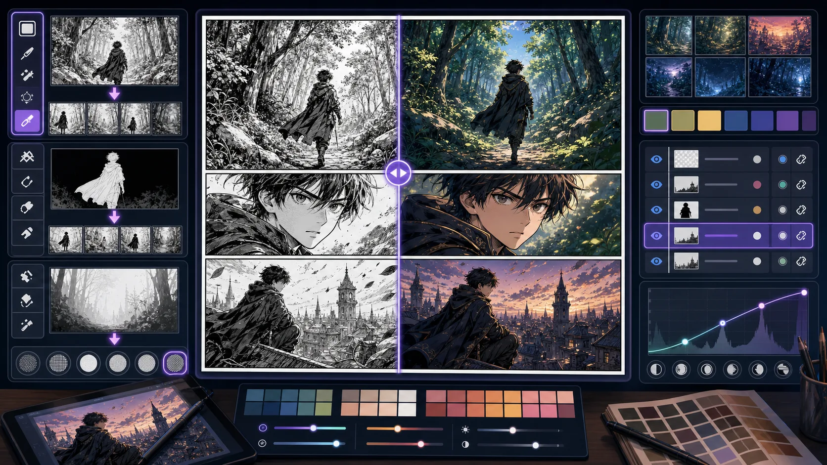 Manga Colorizer workspace showing black and white manga panels becoming controlled color layers