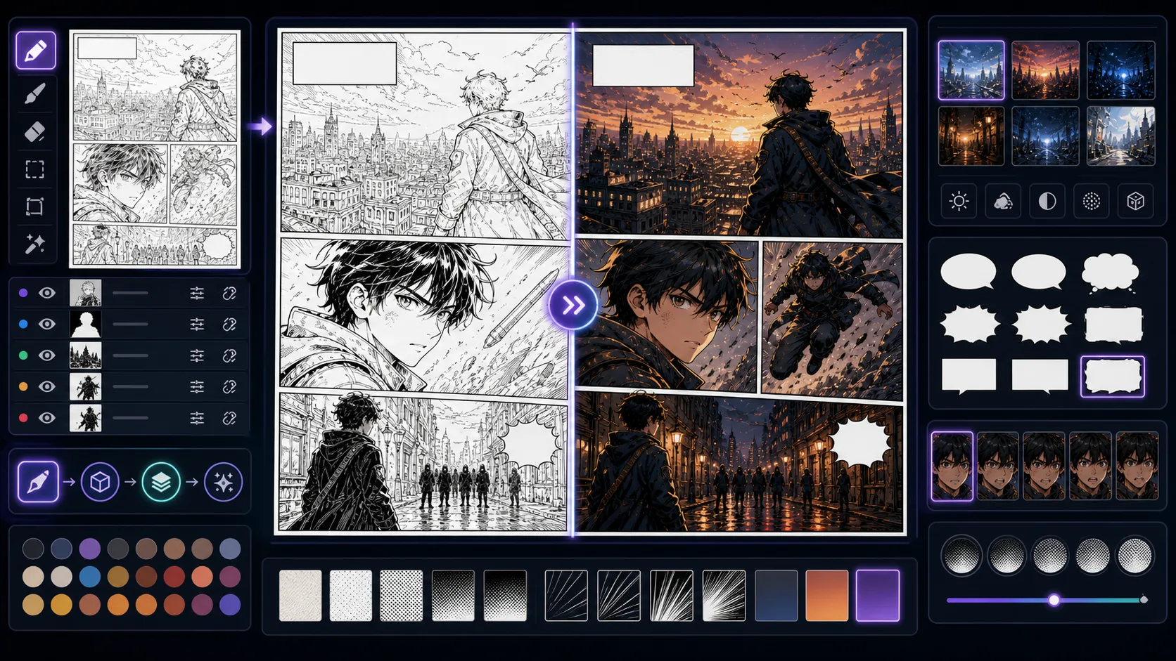 Line Art to Comic before and after board adding color shadow and comic finish to clean outlines