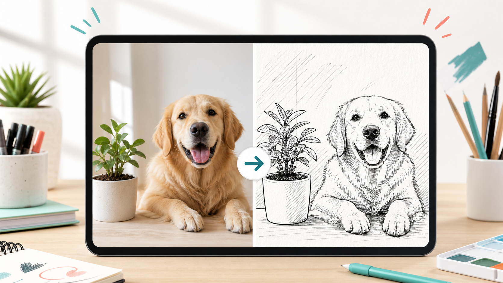 Photo to Doodle Converter showing a pet photo transformed into a clean hand-drawn doodle